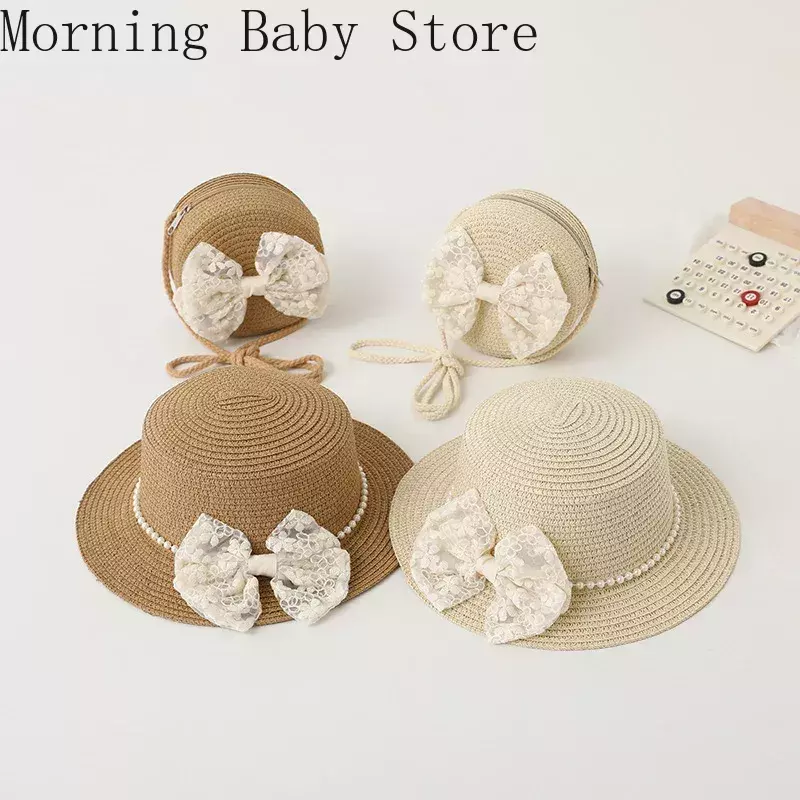 قبعة دانتيل صيفية للفتيات الصغيرات ، قبعة قش مع قوس ، قبعة شاطئ للأطفال من سن 3 إلى 6 سنوات