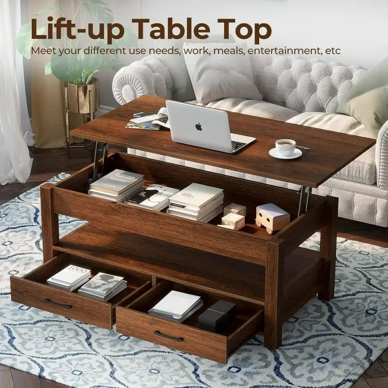 طاولة قهوة علوية مع أدراج ، مقصورة مخفية ، طاولة مركزية عتيقة مع طاولة رفع خشبية
