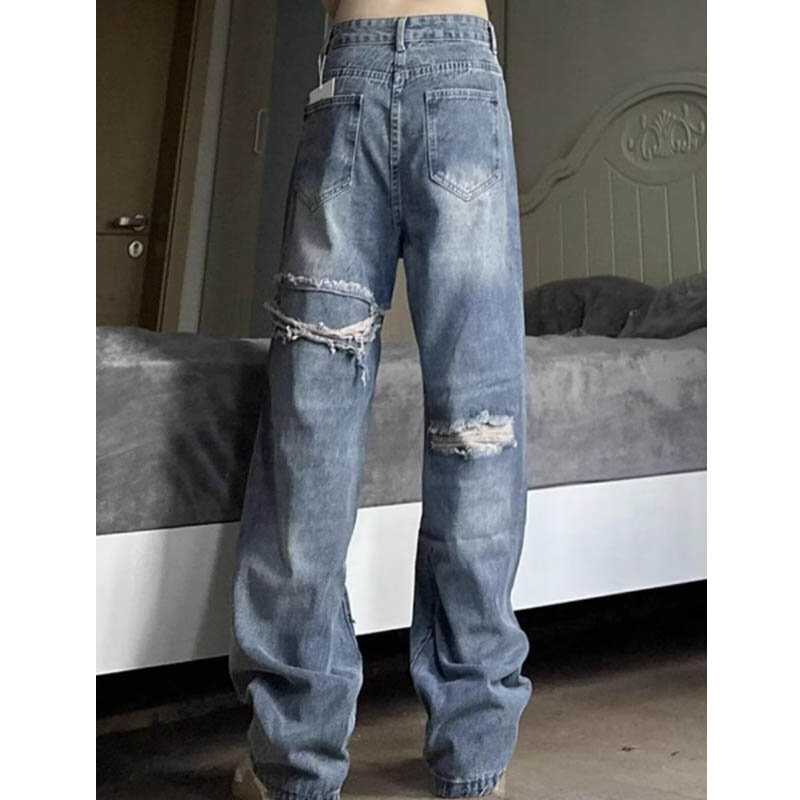 جينز ممزق على الطراز الامريكي للنساء ، خصر مرتفع ، طول كامل ، بنطال جينز مستقيم للإناث ، مرقع متعدد الاستخدامات ، موضة شارع راقية