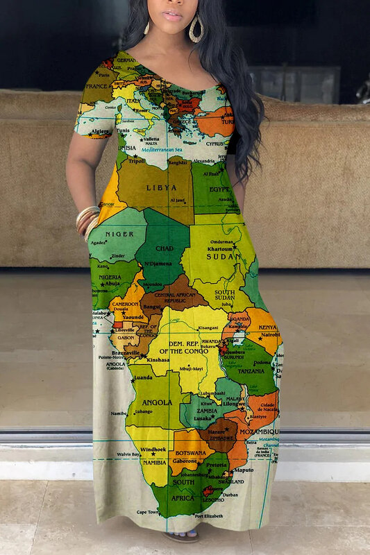 فستان طويل أفريقي بأكمام قصيرة ، طباعة خريطة خضراء غير رسمية ، فستان شمس بجيوب ، مقاس كبير ، الصيف