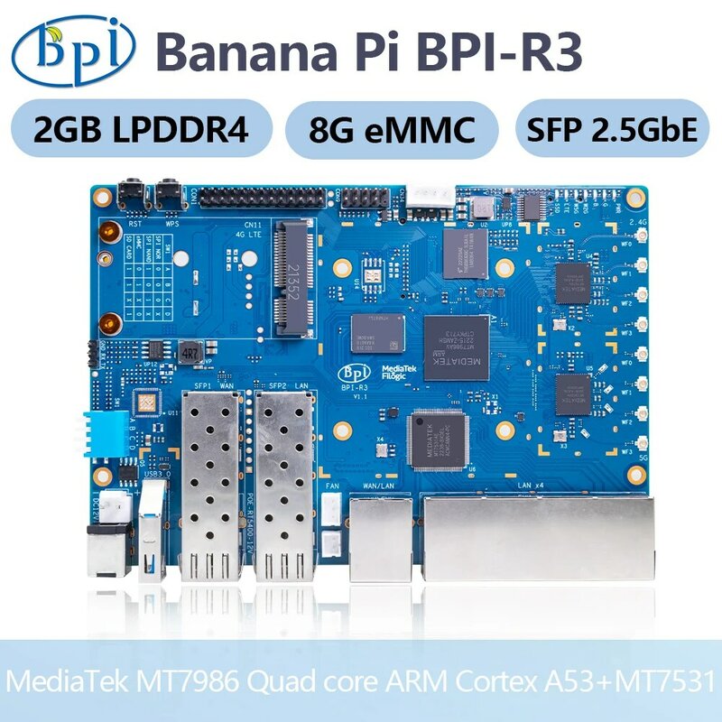 الموز Pi BPI-R3 MediaTek MT7986 رباعية النواة المعالج اللوحة 2G DDR4 RAM 8G eMMC فلاش لوحة التحكم الإلكترونية الذكية راوتر