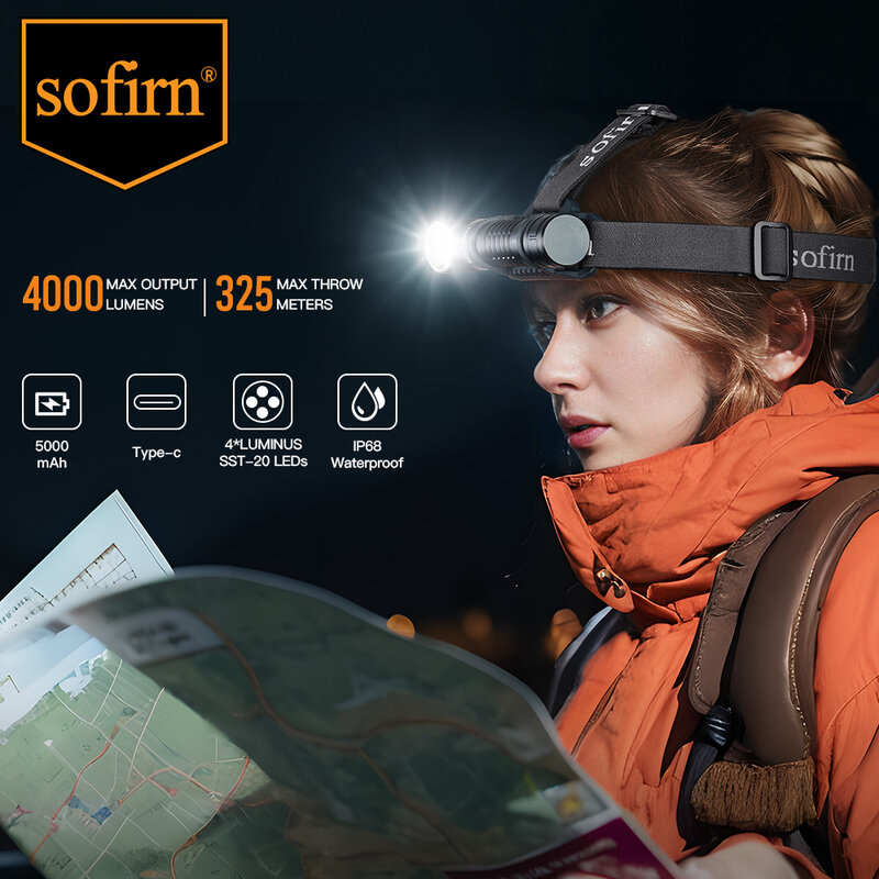 SOFIRN-USB C كشافات قابلة للشحن ، مصباح يدوي بنك الطاقة ، مؤشر الشعلة LED ، الذيل المغناطيسي ، SST20 ، 4000lm ، 21700 ، HS41