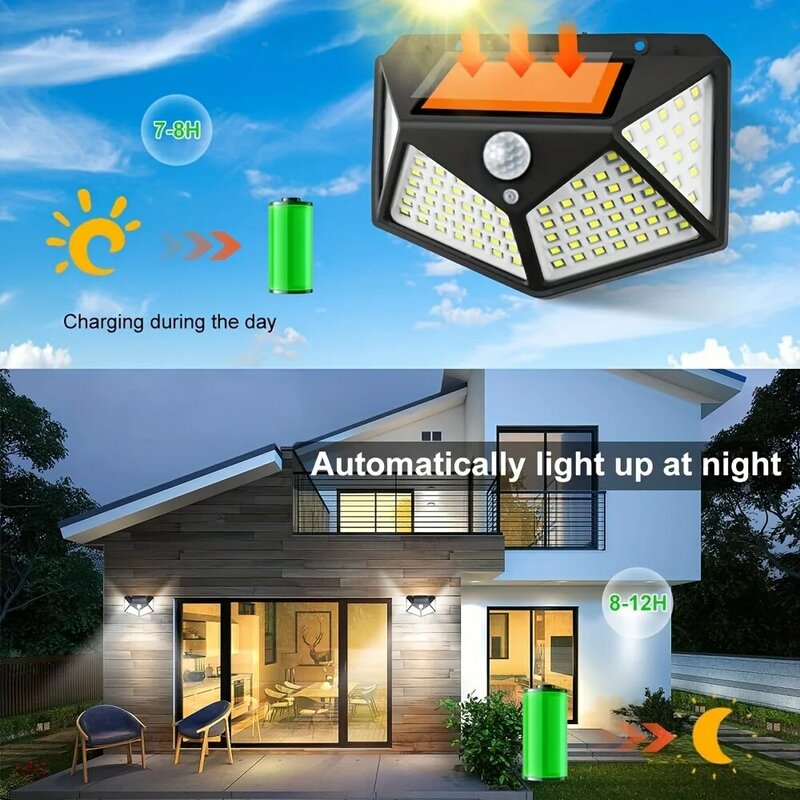 مصباح جداري شمسي LED مقاوم للماء ، مستشعر حركة ذكي ، 3 أوضاع ، يعمل بالطاقة الشمسية ، مناسب للشرفات ، الفناء ، الفناء ، الحديقة ، LED ، 1.