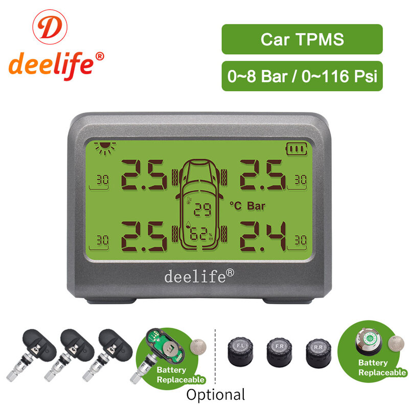 نظام مراقبة ضغط الإطارات للسيارات بالطاقة الشمسية من Deelife-TPMS ، 0-8 بار ، إطار عجلة TMPS ، مستشعر خارجي داخلي