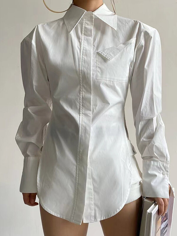[LANMREM]-قميص نسائي بأكمام طويلة بطية صدر واحدة ، بلوزات نسائية ، خصر متجمع ، أبيض ، مكتب ، صيف ، جديد ، 26D9016