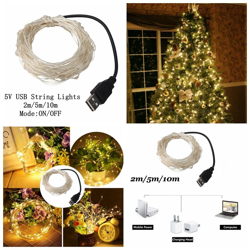 جديد حفلة عيد الميلاد USB LED 1/2/5/10 متر الأسلاك النحاسية سلسلة الجنية ضوء جارلاند حفلة عيد ميلاد الزفاف شجرة عيد الميلاد ديكور