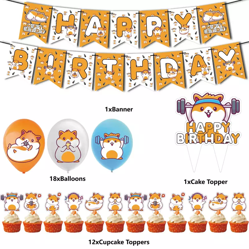 بالونات كرتون هامستر للأطفال ، ديكورات حفلة عيد ميلاد ، لافتة عيد ميلاد ، موضوع خنزير غينيا ، القبعات العالية للكعك
