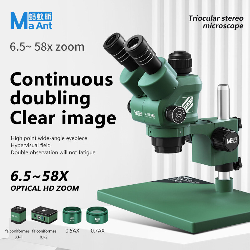 MaAnt-T3 تكبير بصري ثلاثي العينيات مجهر ستيريو ، مجهر لحام ، عالية الدقة ، التركيز الهاتف اللوحة الأم ، 6.5-58X
