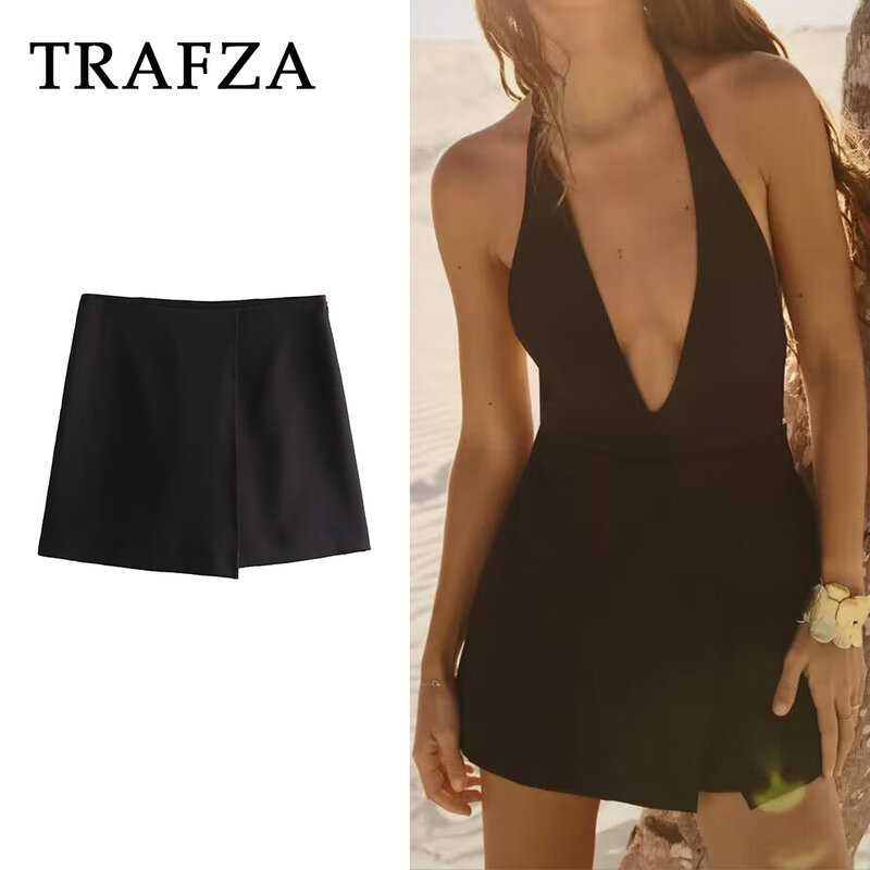 TRAFZA-تنورة قصيرة نسائية مع سحاب ، متقاطعة الإغلاق ، أحادية اللون ، نحيفة ، مثيرة ، ملابس شارع ، ربيع ، صيف ،
