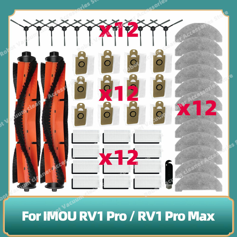 قطع غيار متوافقة لـ IMOU RV1 Pro / RV1 Pro Max، بما في ذلك الفرشاة الرئيسية، الفرشاة الجانبية، قماش الممسحة، مرشح HEPA وحقيبة الغبار.