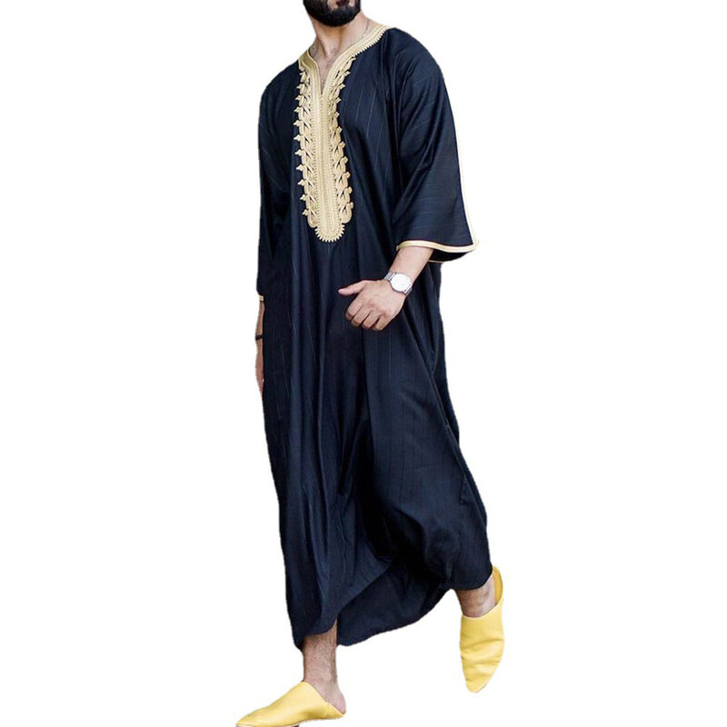 ملابس إسلامية بأكمام طويلة للرجال ، ثوب جبة ، ثوب كيمونو مطرز بفتحة رقبة على شكل V ، عباية قفطان ، دبي وفستان عربي