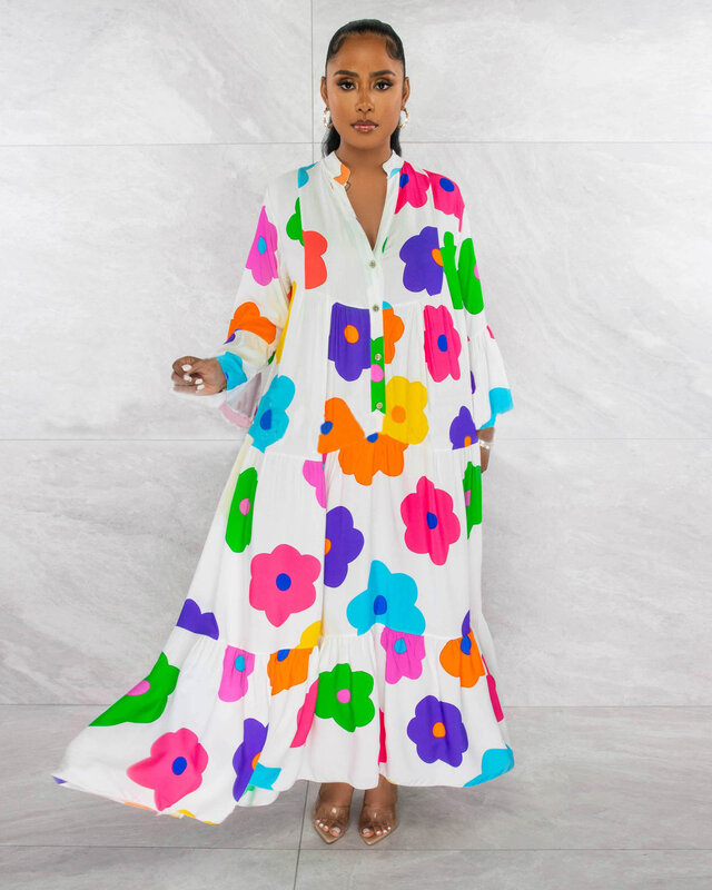 ربيع الخريف الطباعة الأفريقية فساتين للنساء أنيقة الأفريقية طويلة الأكمام الخامس الرقبة البوليستر فستان ماكسي الملابس الأفريقية