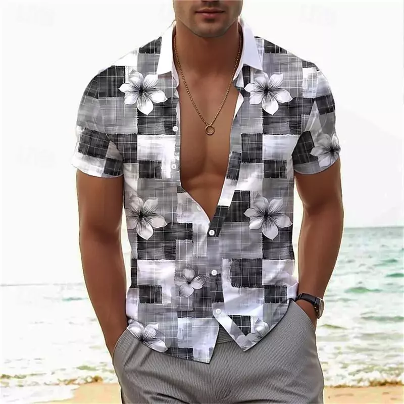 قميص رجالي بياقة بولو مطبوع ثلاثي الأبعاد ، ملابس ترفيهية لشاطئ هاواي ، ملابس مريحة بأكمام قصيرة ، منقوشة بزهور جديدة ، موضة صيفية ، صيحات