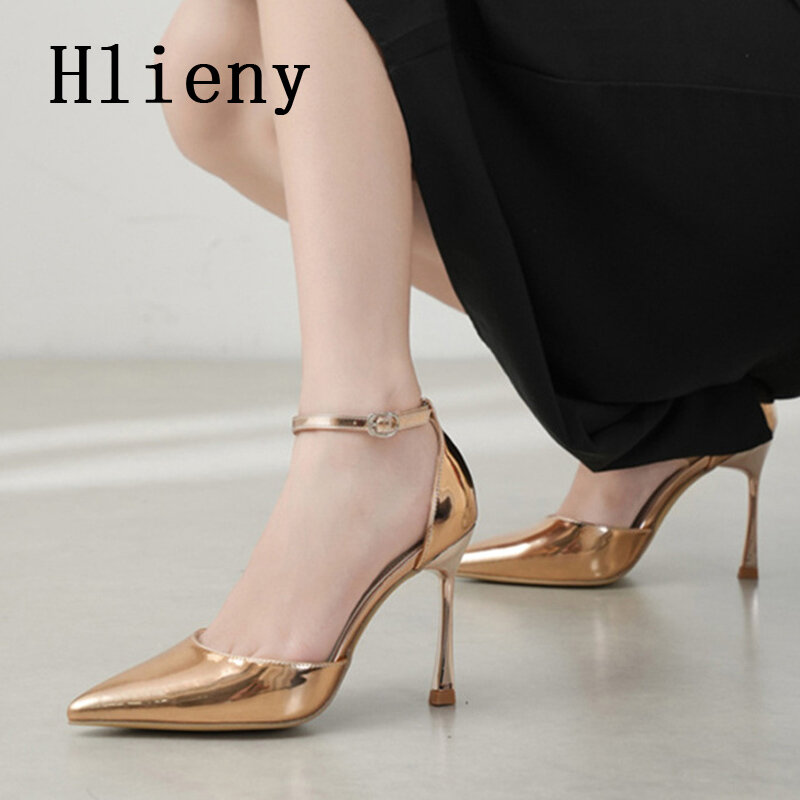 مضخات Hlieny بمقدمة مدببة للنساء ، جلد براءة اختراع ، حزام مشبك ، كعب عالي رفيع ، أحذية حفل زفاف ، طراز الشارع ، موضة مثيرة
