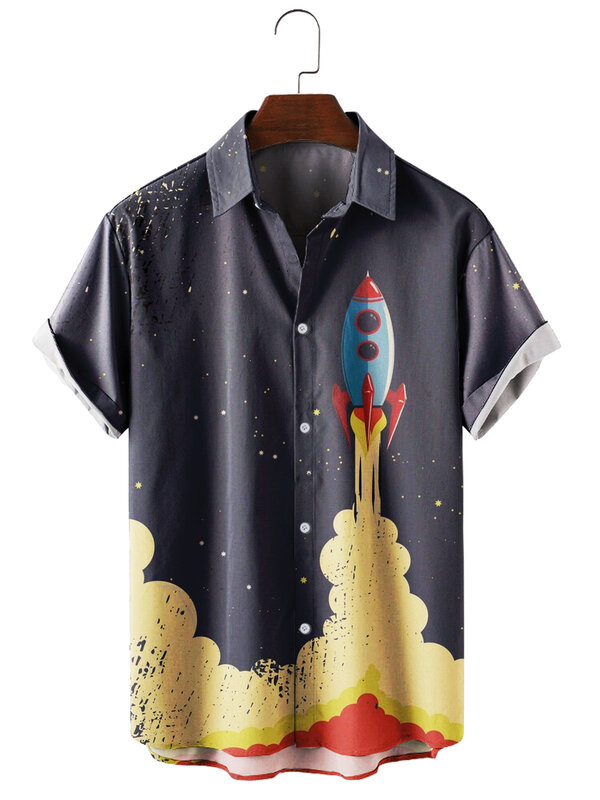 2021 الرجال قصيرة الأكمام التلبيب قميص حجم كبير صاروخ ثلاثية الأبعاد طباعة قميص رجالي مع جيوب