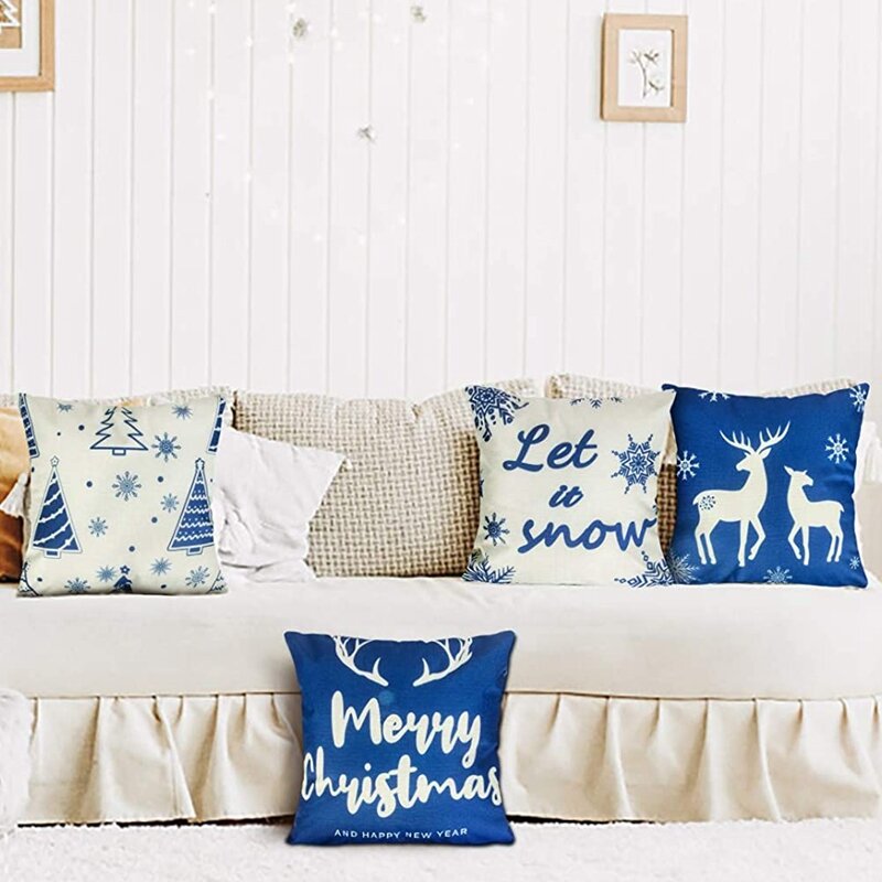 غطاء وسادة كتان للكريسماس للأريكة ، وسائد رمي ، غطاء ، ندفة ثلج ، أيل ، شجرة ، شتاء