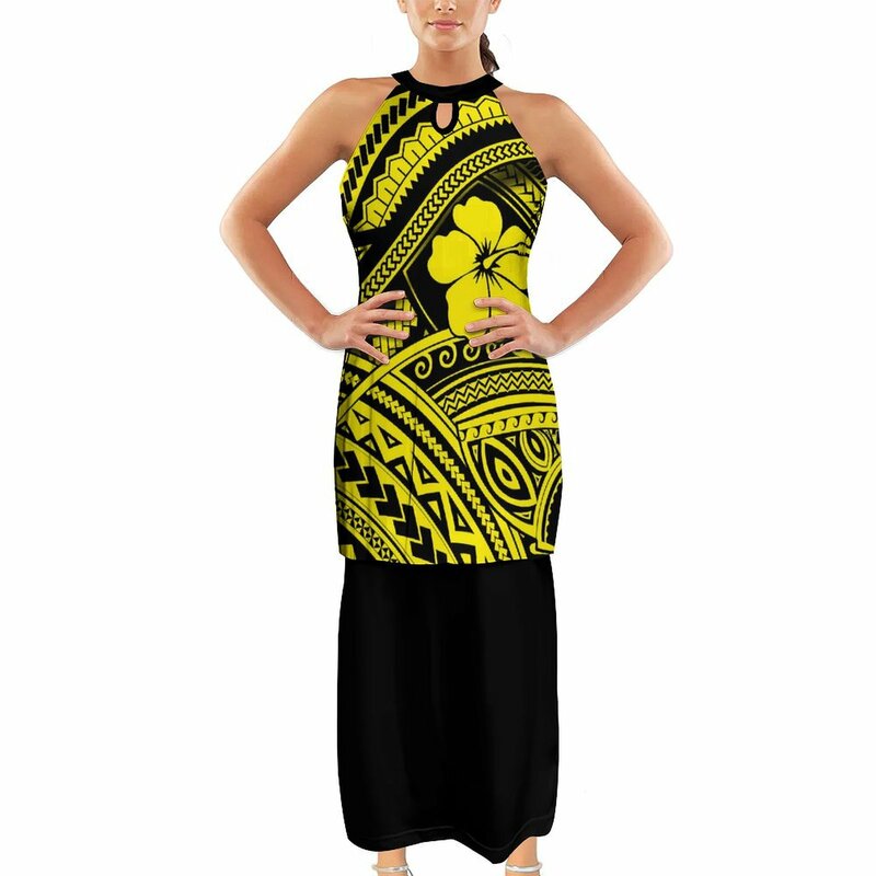 فستان ساموي أنيق للنساء ، فستان مثير مكشوف الكتفين ، مصنوع خصيصًا من القبائل البولينيزية ، قطعتان