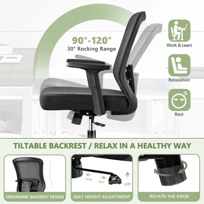 كرسي مكتب شبكي قابل للتنفس ، كرسي عمل مريح ، مساند ذراع 2D قابلة للتعديل ، كراسي مكتب منزلية