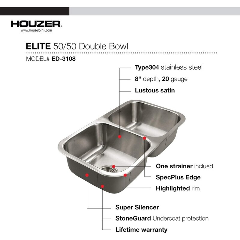HOUZER-حوض مطبخ من الفولاذ المقاوم للصدأ ، Undermount ، وعاء مزدوج ، سلسلة النخبة ، ED-3108-1 ، 50 ، 50 ، وعاء مزدوج