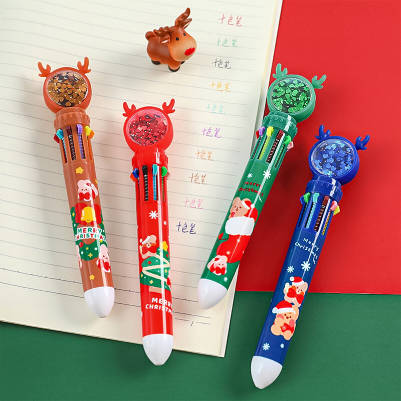 عيد الميلاد الكرتون برميل قلم حبر جاف ، متعدد الألوان أقلام للطلاب والمدرسة واللوازم المكتبية ، دائم ، 10 في 1