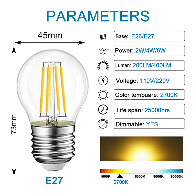 الرجعية اديسون LED غلوب ضوء لمبة G45 2 واط 4 واط 6 واط E27 2700 كيلو 6000 كيلو Led خيوط لمبة 110 فولت لحديقة سلسلة قلادة ضوء الديكور