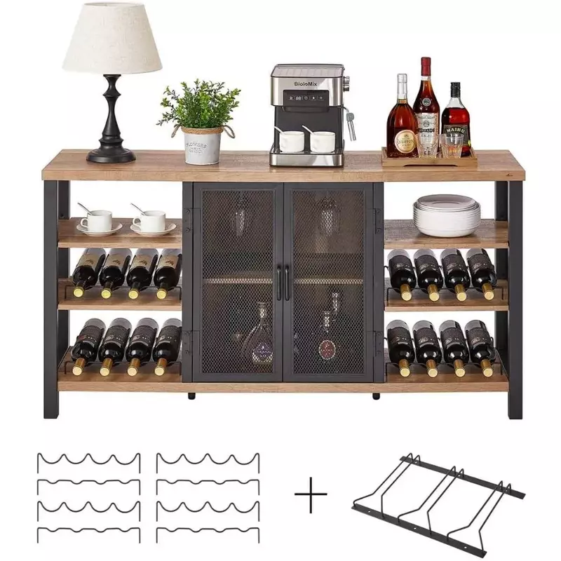 خزانة بار نبيذ صناعية للخمور والنظارات ، رف نبيذ ، خزانة جانبية معدنية وخزانة بوفيه ، بلوط ريفي ، 55"