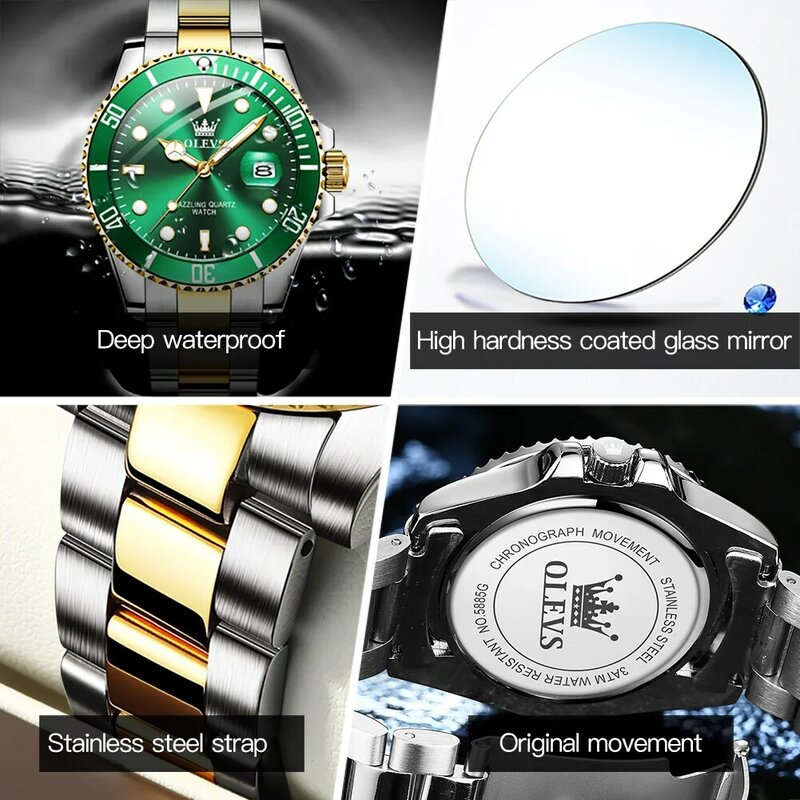 ساعة أوليف كوارتز للرجال ، فولاذ مقاوم للصدأ ، مقاوم للماء ، مضيء ، رياضة ، تاريخ ، ساعة يد ، أخضر ، علامة تجارية ، موضة جديدة