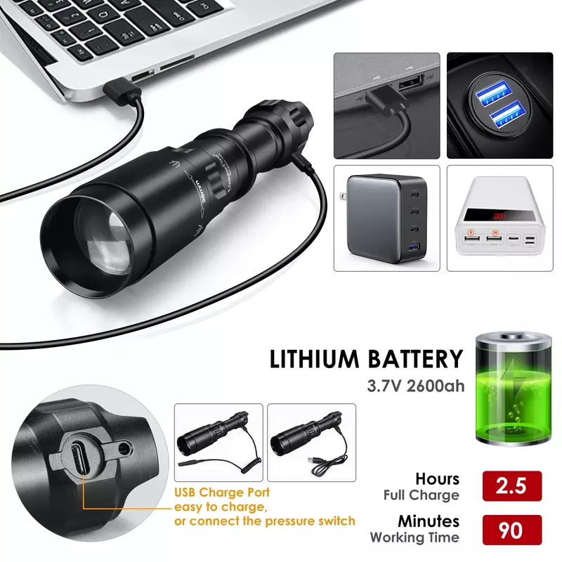 UniqueFire-IR LED مصباح يدوي ، مصباح يدوي باهتة ، مؤشر التبديل ، USB C ، قابلة للشحن 18650 الشعلة ، Max.1500 متر ، 1605 ، T38 ، Vcsel940 ، Vcsel850
