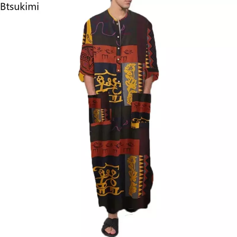 الرجال ثوب النوم Robes العربية مخطط قميص الملابس العرقية طويلة الأكمام الرجعية كيمونو البيت تنورة القطن Bathrobe الملابس الداخلية S-5XL