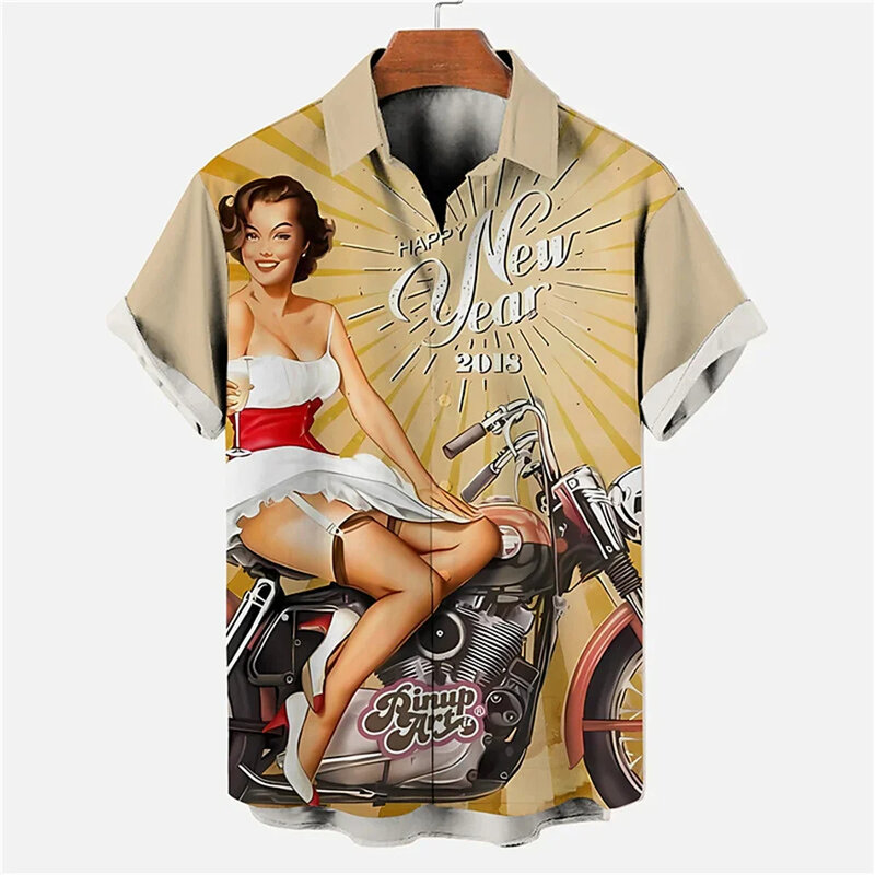 قميص للرجال والنساء كلاسيكي للدراجات النارية ، نقش مطبوع رقمي ثلاثي الأبعاد ، قميص هاواي ، توب قصير الأكمام ، فضفاض ، شارع ، مثير