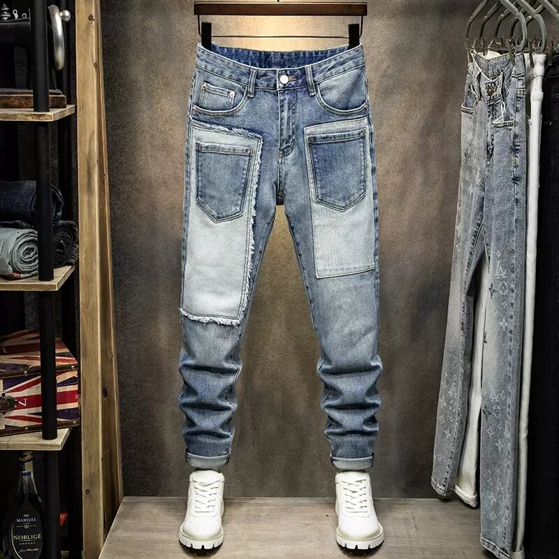 بنطال جينز رجالي عصري بتصميم عتيق أزرق قابل للتمدد بنطال جينز مضلع للرجال متعدد الجيوب هيب هوب