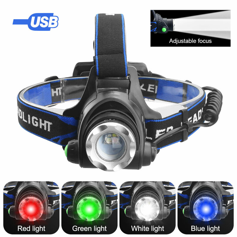 LED التكبير العلوي مصباح يدوي 4-color مصدر ضوء USB قابلة للشحن التخييم كشافات الصيد رئيس ضوء الشعلة الصيد رئيس مصباح