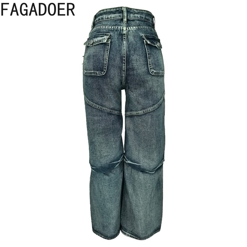 FAGADOER-بنطال كارجو رمادي مع جيب للنساء ، خصر عالي ، زر ، جينز بساق واسعة ، بنطلون كاوبوي غير رسمي مستقيم ، دينم ضيق ، موضة