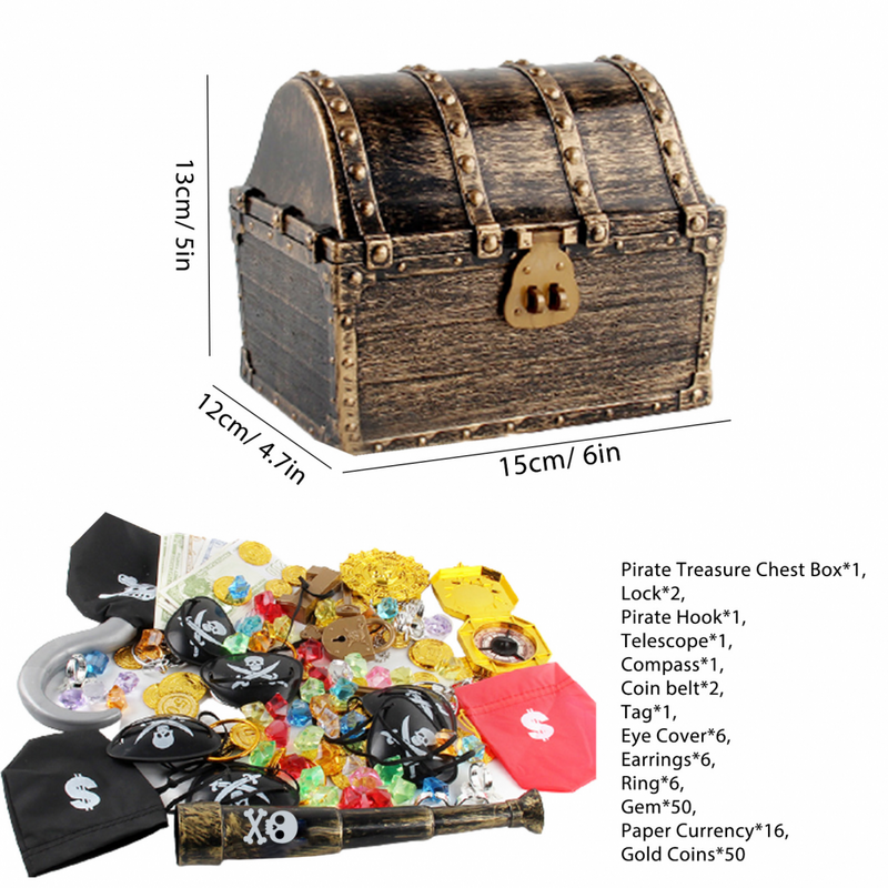 143PCS Deluxe Pirate Treasure Chest Box Toys, Kid's Party Favor Sets, Large Size Vintage Brown Kids Storage Treasure Box
