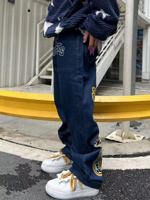 Harajuku Men's Star printed jeans Hip hop street wear fashionable jeans Men's Y2K straight wide leg pants American casual jeans