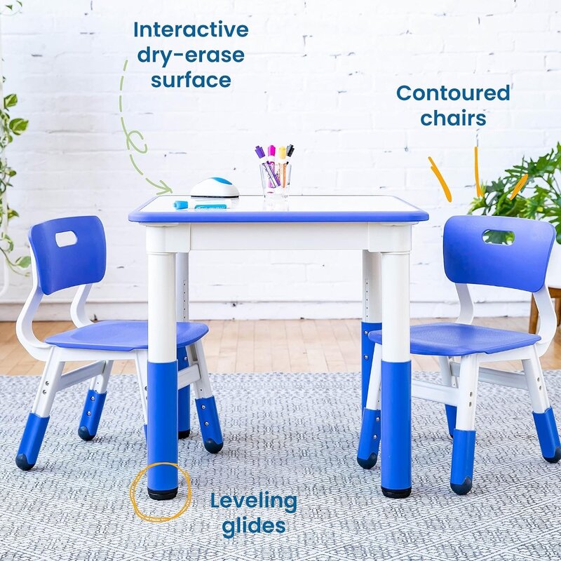 مجموعة طاولة أنشطة مربعة جافة للأطفال ، طفل صغير ، أثاث أطفال ، مقعدان ، كرسي أزرق ، 3 مسح