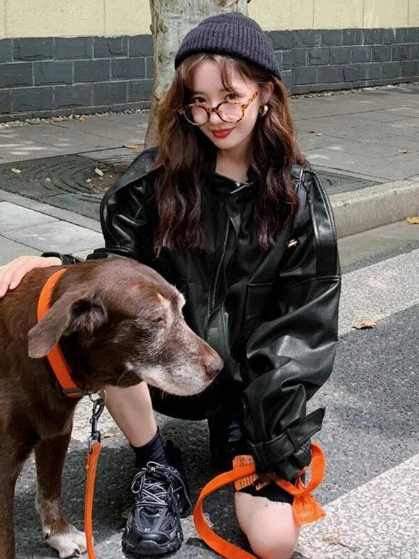 Korean Fashion Outerwear Leather Jacket Women Summer Short Moto Streetwear Faux Loose Coats 2022 Autumn Female Trend Chic Tops