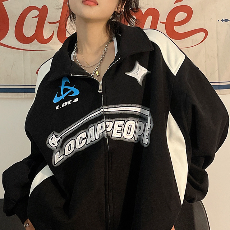 Oversized Korean Casual Trend Letter Print Zipper Jacket Women American Retro Street Hip Hop Jackets For Women  Y2K Coat