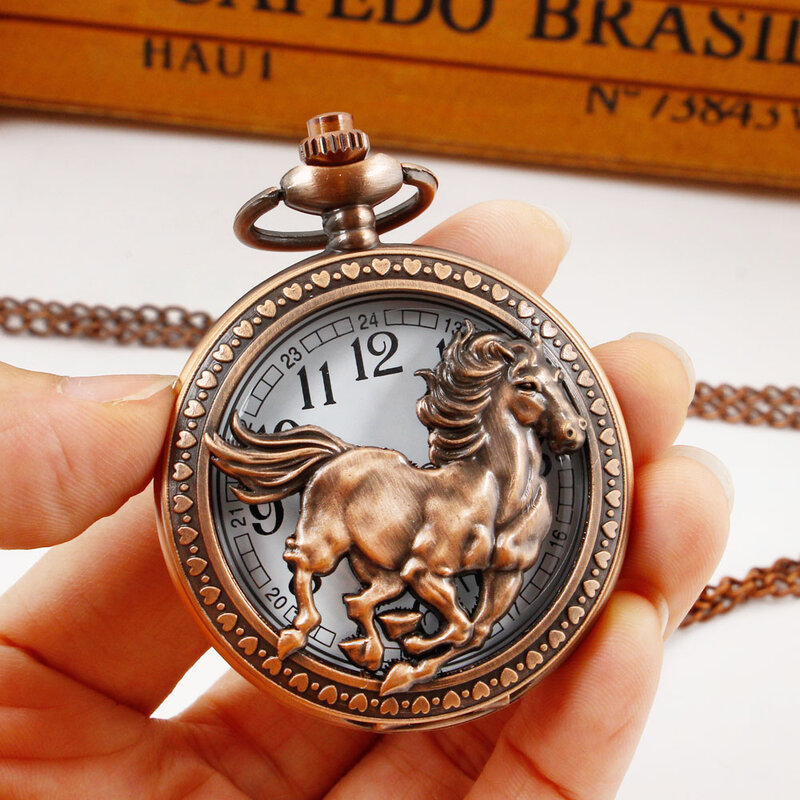 ريترو الأحمر براون الحصان كول وسيم الجوف ساعة جيب كوارتز جمع شخصية قلادة قلادة الذكور هدية