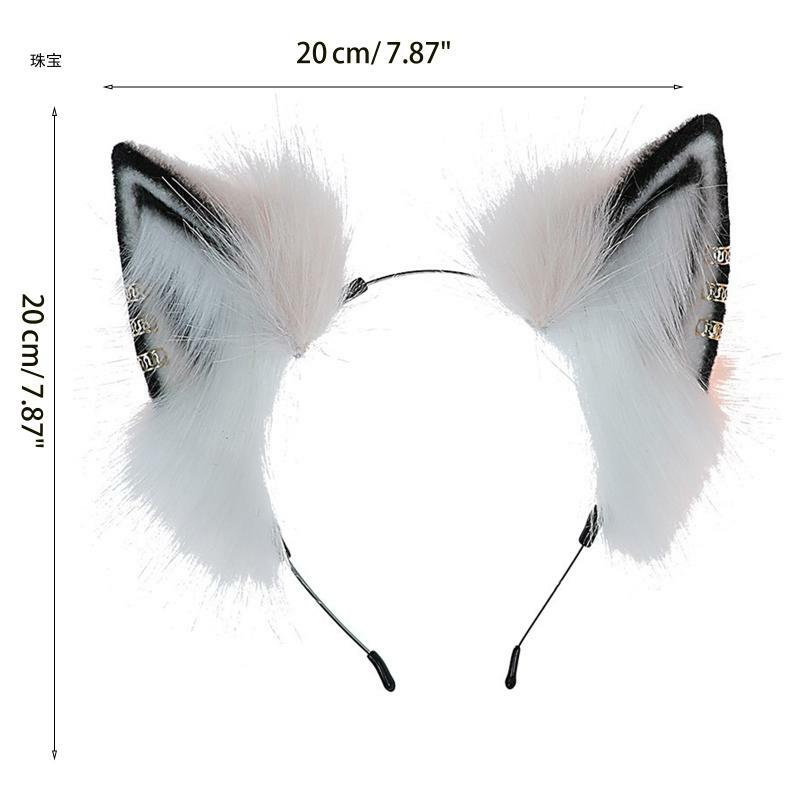 X5QE طوق شعر حيواني من الفرو الصناعي آذان الذئب مصنوعة يدويًا لمحاكاة آذان الحيوانات في الهالوين
