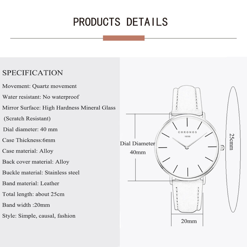 ساعة يد نسائية تصميم بسيط حزام كرونوس جلدي جانبي صغير باللون الأحمر والوردي ساعة يد كوارتز للسيدات CH02