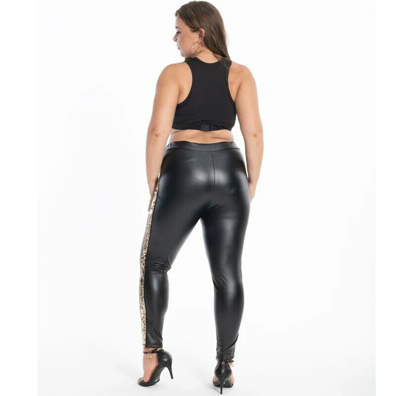 النساء بولي سروال سروال ضيق من الجلد حجم كبير 5xl 4xl Xxxl عالية الخصر لامعة بسط بعقب رفع مجموعة ترتر براقة الذهب الفضة Legins