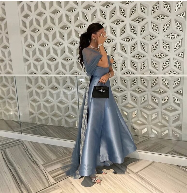 فستان سهرة عربي سعودي نسائي ، ساتان رمادي ، أكمام شفافة ، فستان كرة بطول الركبة ، فستان مناسبة رسمي ، حفلة أنيقة