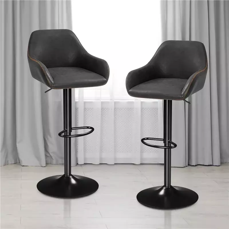 مقاعد بار كلاسيكية من الجلد الصناعي مع مسند ظهر ، كرسي أسود ، كرسي قابل للتعديل ، طاولة مطبخ ، مجموعة من 2