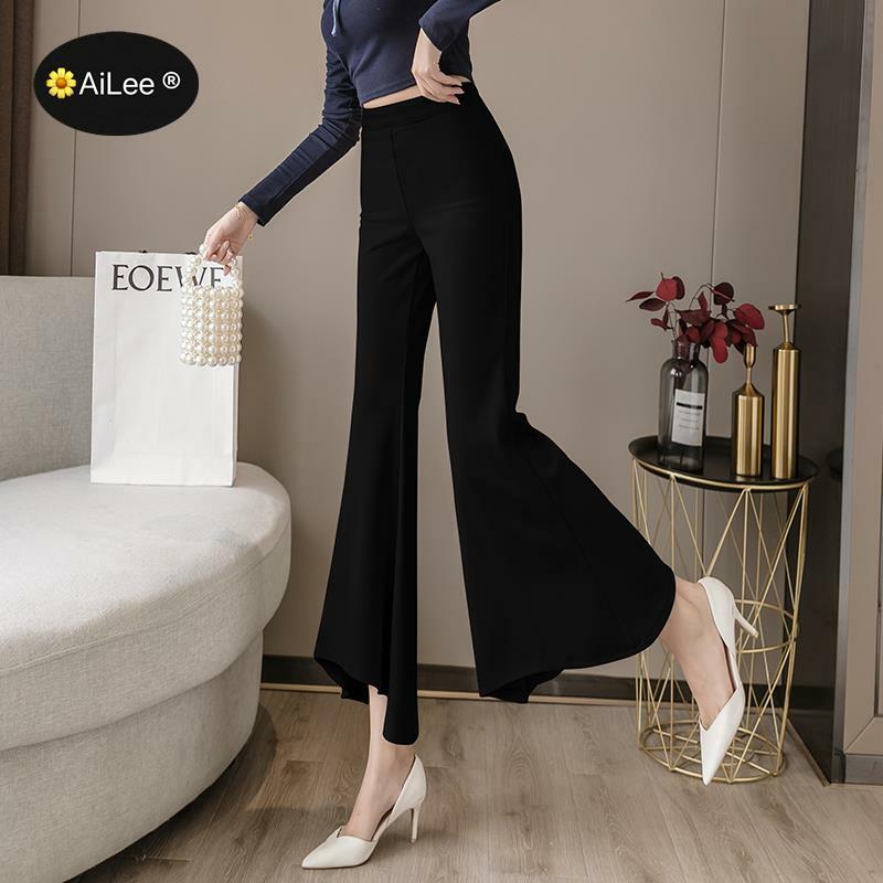Asymmetrical Calf Long Flare Pants High Waist Office Lady Casual Sexy Streetwear Women Elegant Business Work Business Trousers