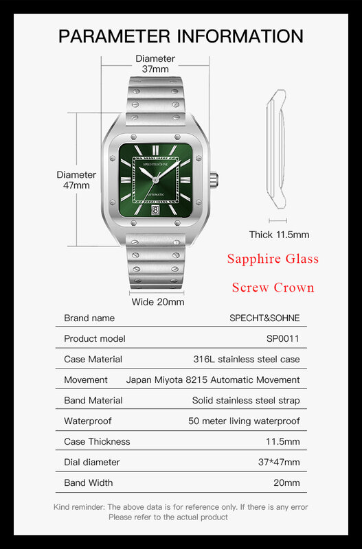 ساعة ميكانيكية أوتوماتيكية للرجال من Specht & Sohne ، ساعات من الفولاذ المقاوم للصدأ باللون الأخضر والياقوت ، جودة عالية ، جديدة ، 37 روض ،