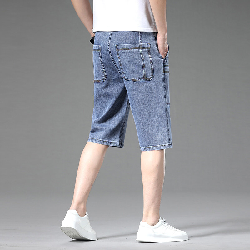 شورت جينز رقيق متعدد الجيوب للرجال ، فضفاض ، مستقيم ، مطاطي ، متعدد الاستخدامات ، جينز قصير غير رسمي ، ملابس بعلامة تجارية للذكور ، الصيف