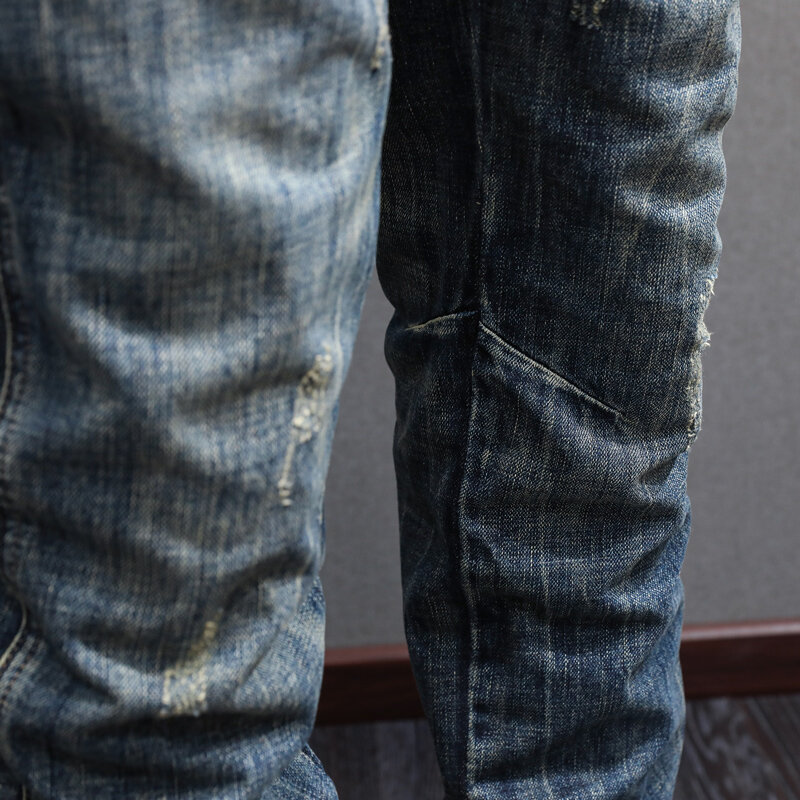 النمط الياباني موضة الرجال الجينز عالية الجودة ريترو الأزرق الداكن مستقيم سليم ممزق جينز الرجال Vintage مصمم الدينيم السراويل Hombre