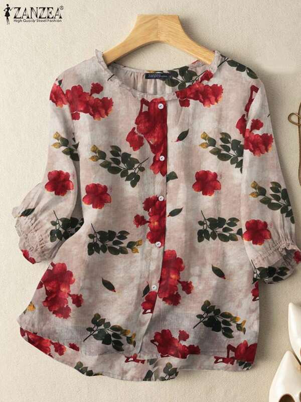 قميص ZAZEA للنساء بطبعة زهور ، بلوزة أنثوية بوهيمية ، كم ، رقبة مستديرة ، سترة غير رسمية ، الصيف ،