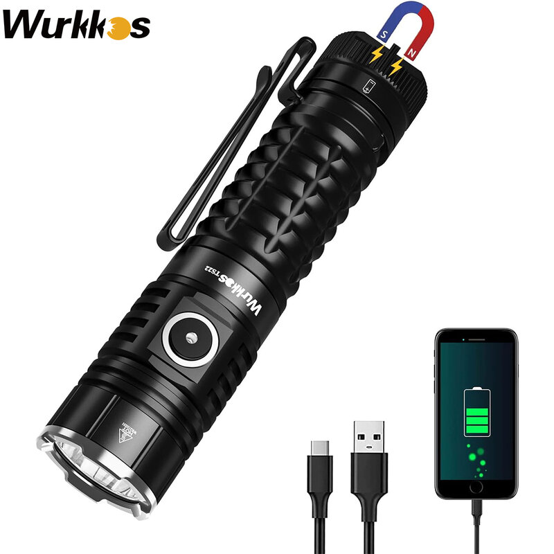 Wurkkos-مصباح يدوي LED قابل لإعادة الشحن مع ذيل المغناطيس والشحن العكسي للمشي ، XHP70.2 ، قوي ، ماكس 4500LM ، IP68 ، TS22 ، 21700
